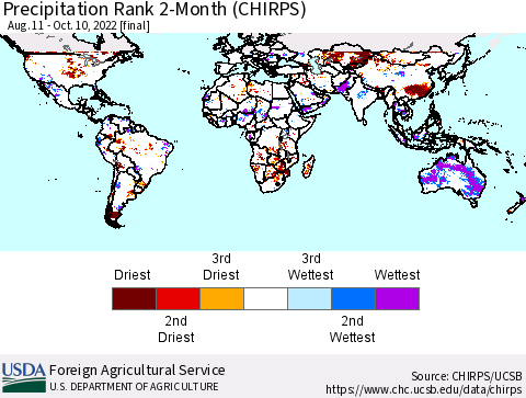 World Precipitation Rank since 1981, 2-Month (CHIRPS) Thematic Map For 8/11/2022 - 10/10/2022
