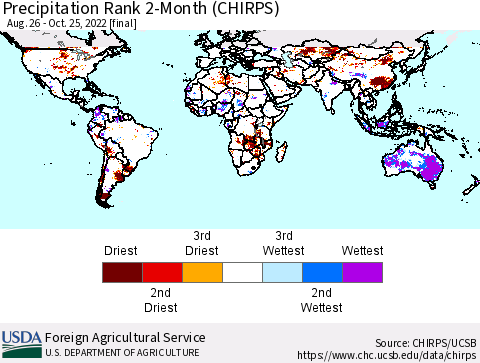 World Precipitation Rank since 1981, 2-Month (CHIRPS) Thematic Map For 8/26/2022 - 10/25/2022