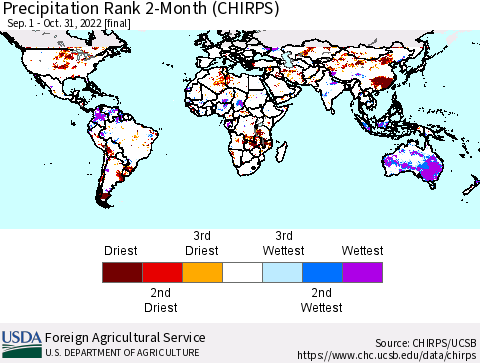 World Precipitation Rank since 1981, 2-Month (CHIRPS) Thematic Map For 9/1/2022 - 10/31/2022