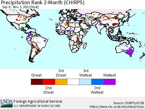 World Precipitation Rank since 1981, 2-Month (CHIRPS) Thematic Map For 9/6/2022 - 11/5/2022
