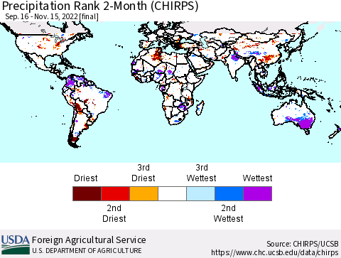World Precipitation Rank since 1981, 2-Month (CHIRPS) Thematic Map For 9/16/2022 - 11/15/2022