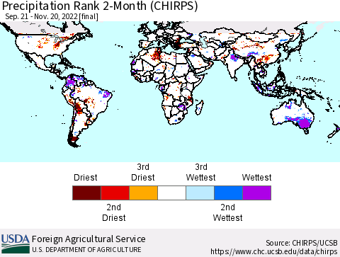 World Precipitation Rank since 1981, 2-Month (CHIRPS) Thematic Map For 9/21/2022 - 11/20/2022