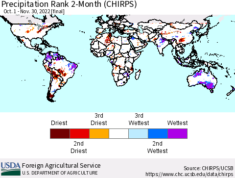 World Precipitation Rank since 1981, 2-Month (CHIRPS) Thematic Map For 10/1/2022 - 11/30/2022
