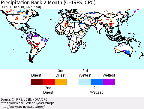 World Precipitation Rank since 1981, 2-Month (CHIRPS) Thematic Map For 10/11/2022 - 12/10/2022
