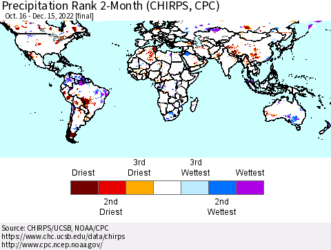 World Precipitation Rank since 1981, 2-Month (CHIRPS) Thematic Map For 10/16/2022 - 12/15/2022