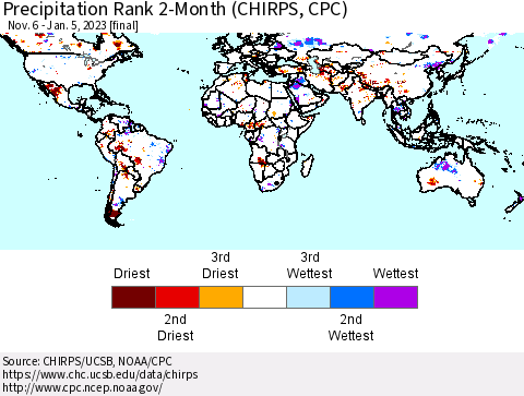 World Precipitation Rank since 1981, 2-Month (CHIRPS) Thematic Map For 11/6/2022 - 1/5/2023