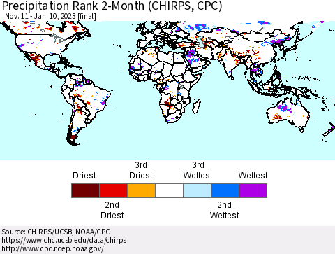 World Precipitation Rank since 1981, 2-Month (CHIRPS) Thematic Map For 11/11/2022 - 1/10/2023