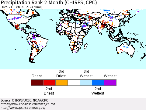 World Precipitation Rank since 1981, 2-Month (CHIRPS) Thematic Map For 12/21/2022 - 2/20/2023