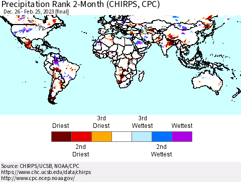 World Precipitation Rank since 1981, 2-Month (CHIRPS) Thematic Map For 12/26/2022 - 2/25/2023