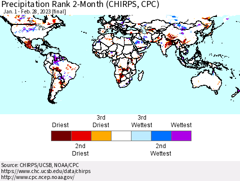World Precipitation Rank since 1981, 2-Month (CHIRPS) Thematic Map For 1/1/2023 - 2/28/2023