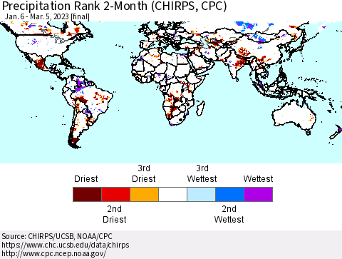 World Precipitation Rank since 1981, 2-Month (CHIRPS) Thematic Map For 1/6/2023 - 3/5/2023