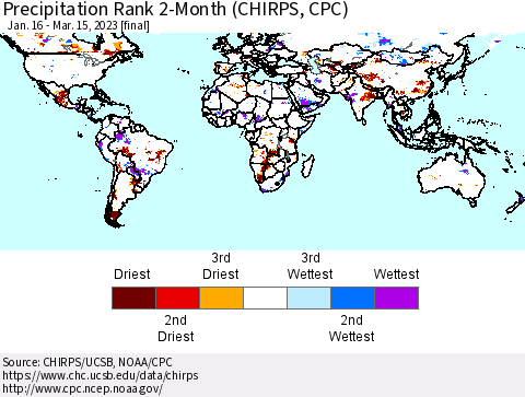 World Precipitation Rank since 1981, 2-Month (CHIRPS) Thematic Map For 1/16/2023 - 3/15/2023