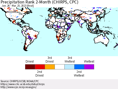 World Precipitation Rank since 1981, 2-Month (CHIRPS) Thematic Map For 1/26/2023 - 3/25/2023