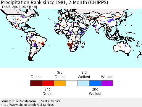 World Precipitation Rank since 1981, 2-Month (CHIRPS) Thematic Map For 2/6/2023 - 4/5/2023