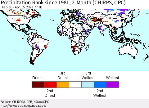 World Precipitation Rank since 1981, 2-Month (CHIRPS) Thematic Map For 2/16/2023 - 4/15/2023