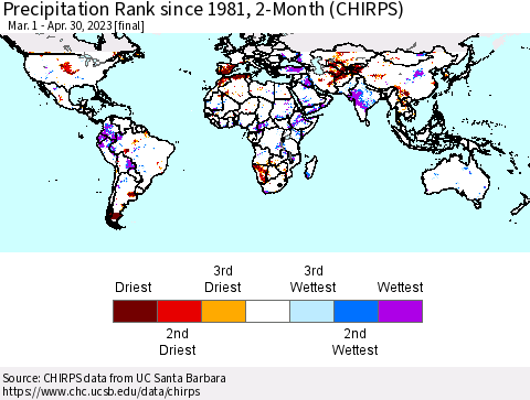 World Precipitation Rank since 1981, 2-Month (CHIRPS) Thematic Map For 3/1/2023 - 4/30/2023