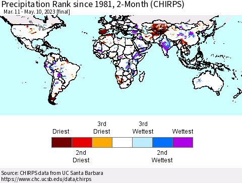 World Precipitation Rank since 1981, 2-Month (CHIRPS) Thematic Map For 3/11/2023 - 5/10/2023