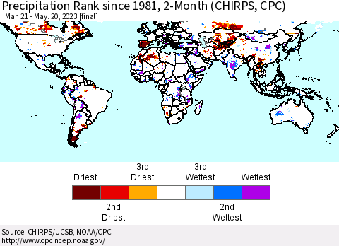 World Precipitation Rank since 1981, 2-Month (CHIRPS) Thematic Map For 3/21/2023 - 5/20/2023