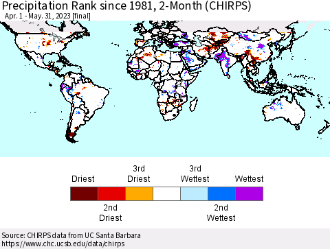 World Precipitation Rank since 1981, 2-Month (CHIRPS) Thematic Map For 4/1/2023 - 5/31/2023