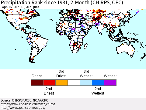 World Precipitation Rank since 1981, 2-Month (CHIRPS) Thematic Map For 4/16/2023 - 6/15/2023