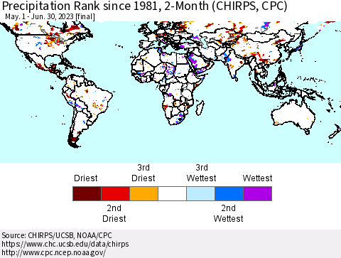 World Precipitation Rank since 1981, 2-Month (CHIRPS) Thematic Map For 5/1/2023 - 6/30/2023