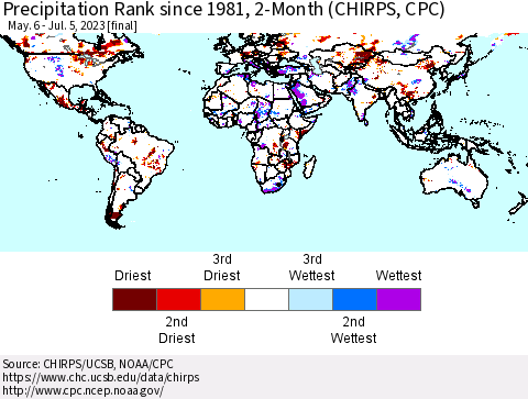 World Precipitation Rank since 1981, 2-Month (CHIRPS) Thematic Map For 5/6/2023 - 7/5/2023