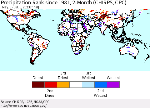 World Precipitation Rank since 1981, 2-Month (CHIRPS) Thematic Map For 5/6/2023 - 7/5/2023