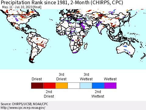 World Precipitation Rank since 1981, 2-Month (CHIRPS) Thematic Map For 5/11/2023 - 7/10/2023