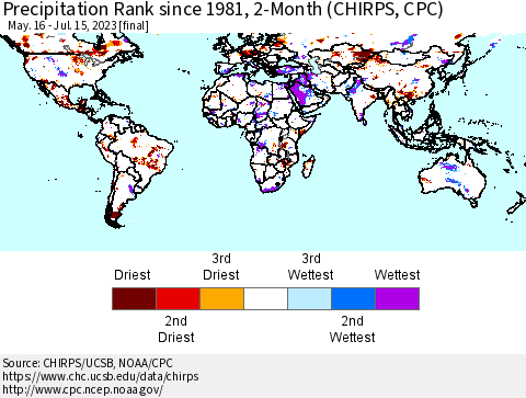 World Precipitation Rank since 1981, 2-Month (CHIRPS) Thematic Map For 5/16/2023 - 7/15/2023