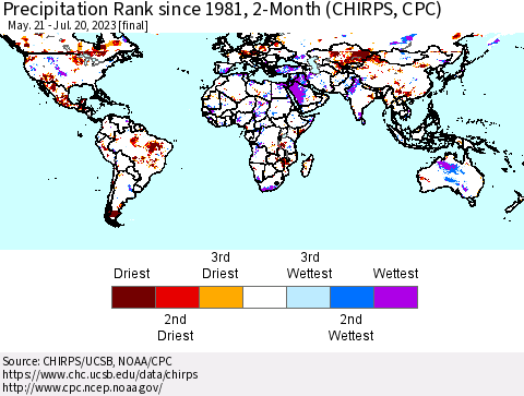 World Precipitation Rank since 1981, 2-Month (CHIRPS) Thematic Map For 5/21/2023 - 7/20/2023