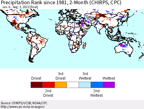 World Precipitation Rank since 1981, 2-Month (CHIRPS) Thematic Map For 6/6/2023 - 8/5/2023