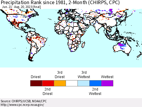 World Precipitation Rank since 1981, 2-Month (CHIRPS) Thematic Map For 6/21/2023 - 8/20/2023