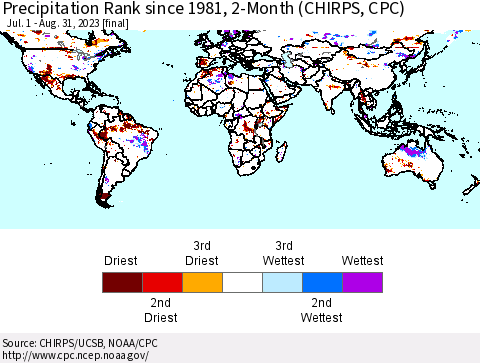 World Precipitation Rank since 1981, 2-Month (CHIRPS) Thematic Map For 7/1/2023 - 8/31/2023