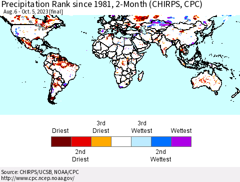 World Precipitation Rank since 1981, 2-Month (CHIRPS) Thematic Map For 8/6/2023 - 10/5/2023