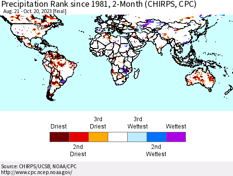 World Precipitation Rank since 1981, 2-Month (CHIRPS) Thematic Map For 8/21/2023 - 10/20/2023