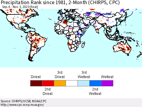 World Precipitation Rank since 1981, 2-Month (CHIRPS) Thematic Map For 9/6/2023 - 11/5/2023