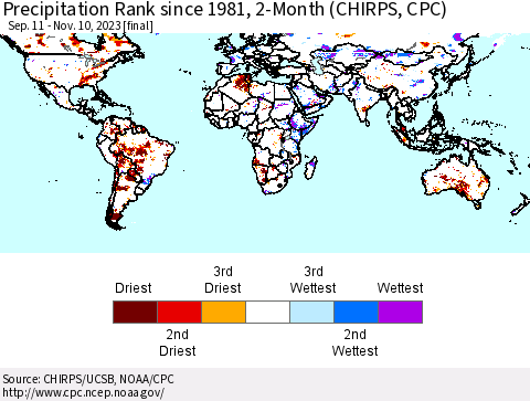 World Precipitation Rank since 1981, 2-Month (CHIRPS) Thematic Map For 9/11/2023 - 11/10/2023