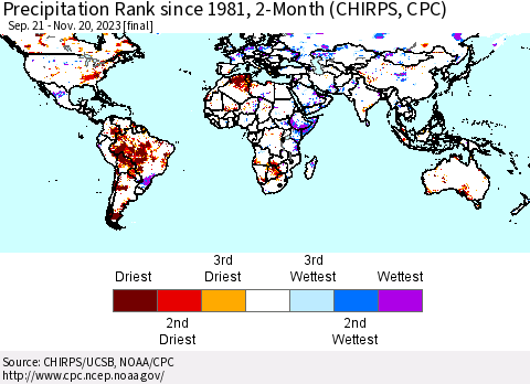 World Precipitation Rank since 1981, 2-Month (CHIRPS) Thematic Map For 9/21/2023 - 11/20/2023