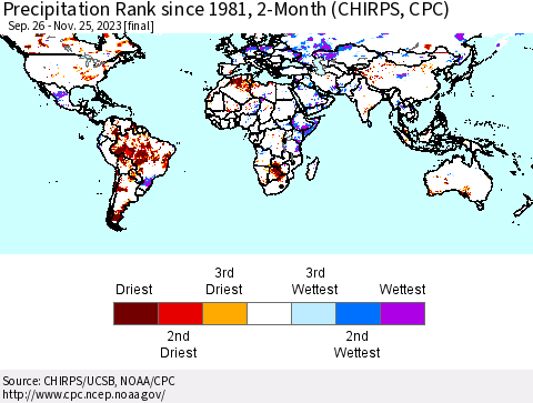 World Precipitation Rank since 1981, 2-Month (CHIRPS) Thematic Map For 9/26/2023 - 11/25/2023