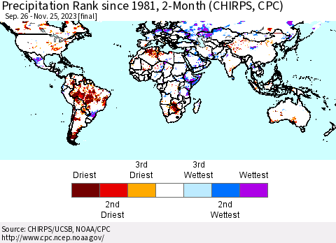 World Precipitation Rank since 1981, 2-Month (CHIRPS) Thematic Map For 9/26/2023 - 11/25/2023