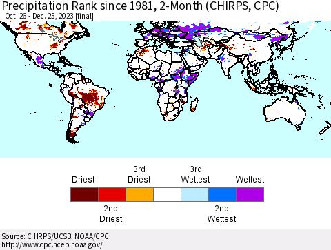 World Precipitation Rank since 1981, 2-Month (CHIRPS) Thematic Map For 10/26/2023 - 12/25/2023