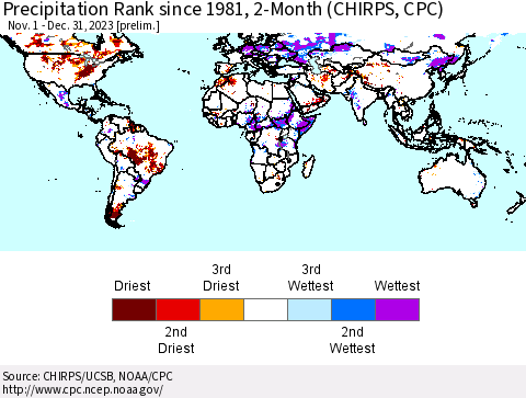 World Precipitation Rank since 1981, 2-Month (CHIRPS) Thematic Map For 11/1/2023 - 12/31/2023