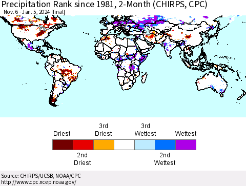 World Precipitation Rank since 1981, 2-Month (CHIRPS) Thematic Map For 11/6/2023 - 1/5/2024