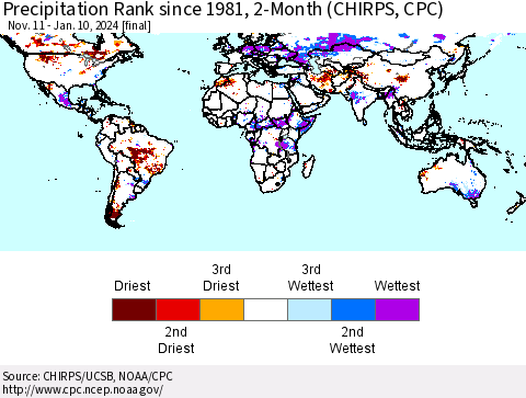 World Precipitation Rank since 1981, 2-Month (CHIRPS) Thematic Map For 11/11/2023 - 1/10/2024