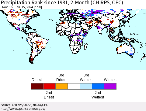 World Precipitation Rank since 1981, 2-Month (CHIRPS) Thematic Map For 11/16/2023 - 1/15/2024