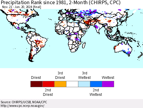 World Precipitation Rank since 1981, 2-Month (CHIRPS) Thematic Map For 11/21/2023 - 1/20/2024