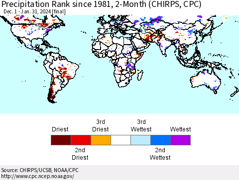 World Precipitation Rank since 1981, 2-Month (CHIRPS) Thematic Map For 12/1/2023 - 1/31/2024