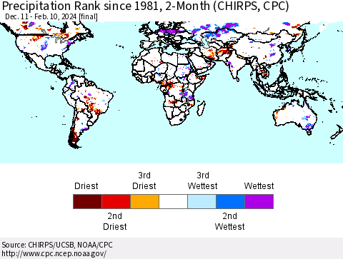 World Precipitation Rank since 1981, 2-Month (CHIRPS) Thematic Map For 12/11/2023 - 2/10/2024