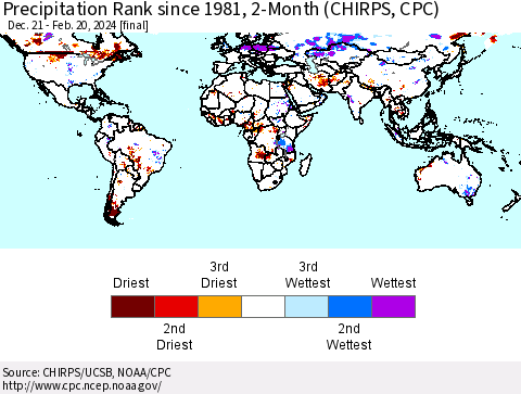 World Precipitation Rank since 1981, 2-Month (CHIRPS) Thematic Map For 12/21/2023 - 2/20/2024