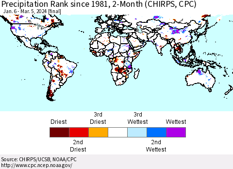 World Precipitation Rank since 1981, 2-Month (CHIRPS) Thematic Map For 1/6/2024 - 3/5/2024